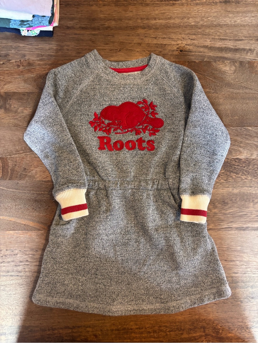 Roots Grey Sweatshirt Dress with Red Logo and Trim